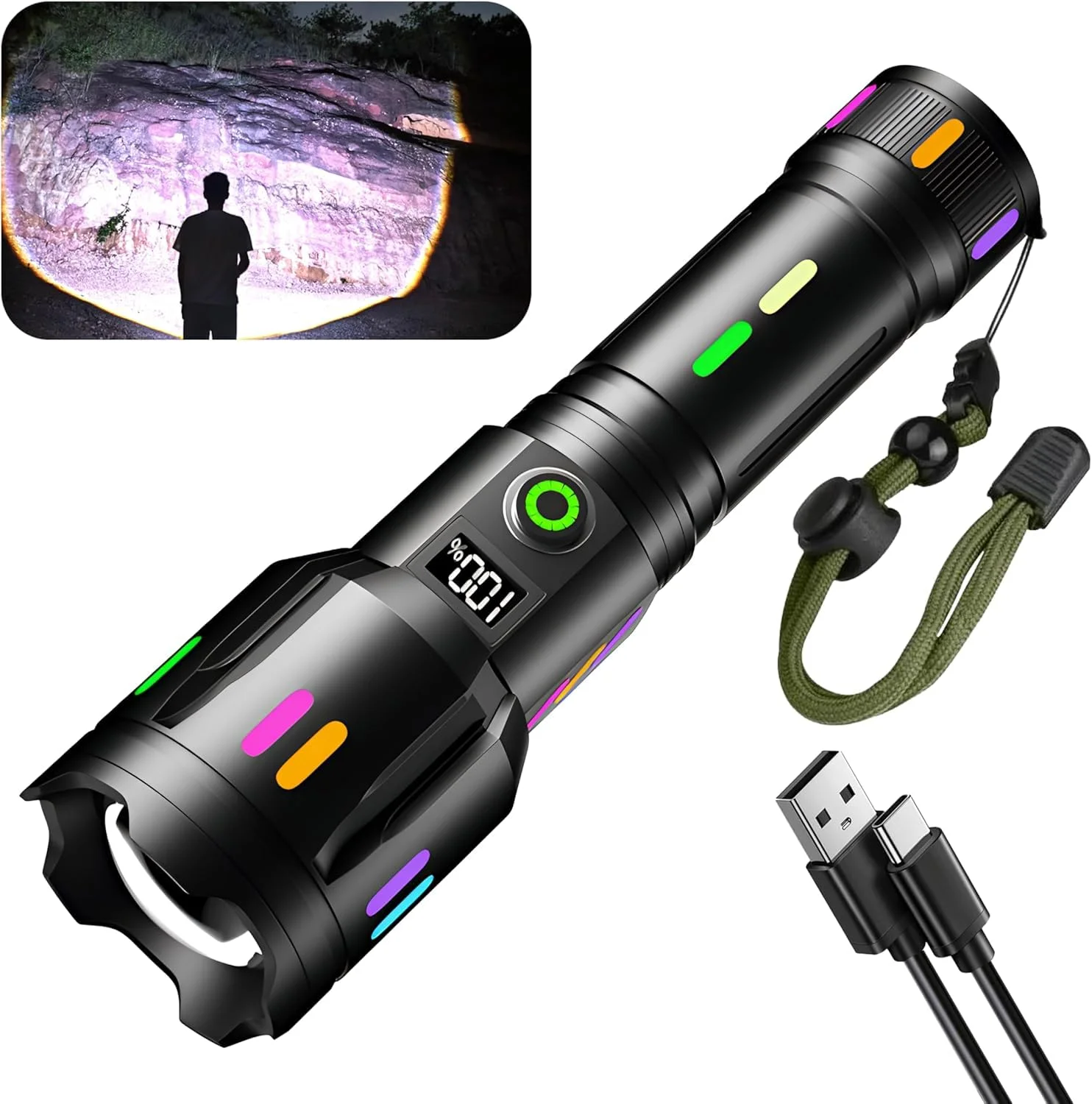 Skylla taschenlampe led aufladbar extrem hell 500000 Lumen,Mit Auto-Sicherheitshammer Einstellbarer Fokus USB-Ausgang,wasserdicht, 6 Lichtmodi für outdoor Camping Wandern Notfälle (5000mAh Akku)