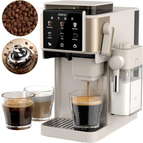 CIARRA CBSACM-D6 Kaffeemaschine mit Mahlwerk und Milchaufschäumer 15 Bar | Semi-automatische Espressomaschine mit automatisches Mahlen Tampen & Brühen, für Espresso Cappuccino, Farb-Touchdisplay
