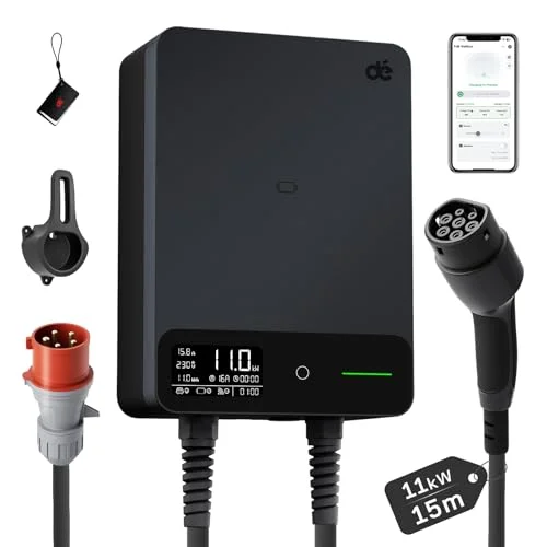 dé Wallbox 11kW mit APP, 10m Typ 2, §14a EnWG, EV Ladestation, Schwarz | mit Kabelhalter, 3-Phasen (6-16A, 400V), für BEV/PHEV, RCD Type A 30mA AC + 6mA DC & IP54-Schutz