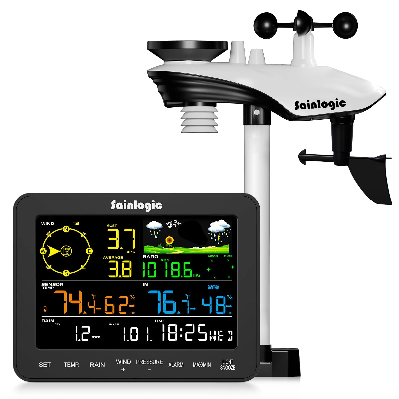 Sainlogic 12-in-1 wetterstationen, Wetterstation Funk mit Außensensor, Windmesser, Barometer, Außentemperatur Funk mit Wettervorhersage, Luftfeuchtigkeit, Mondphase,Garten