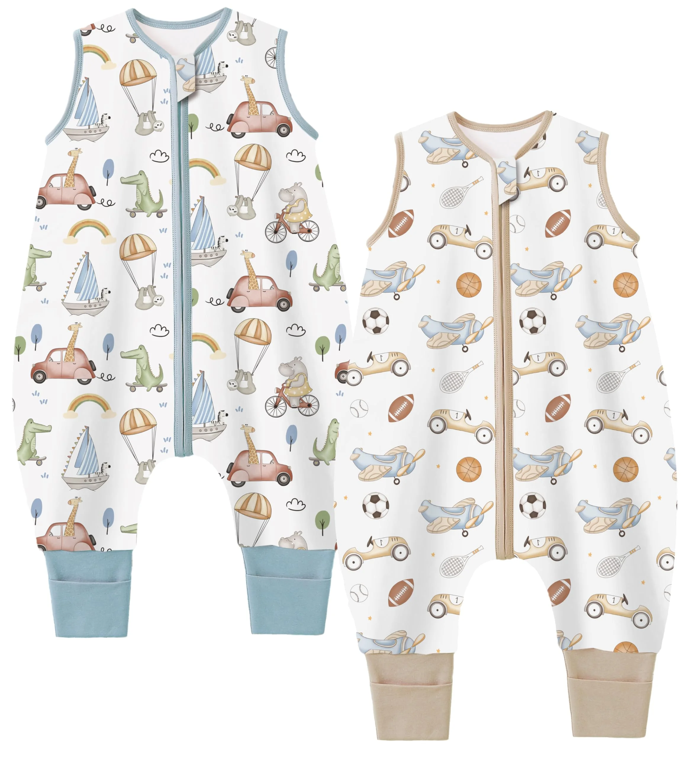 Teechodina Baby Schlafsack mit Füßen 2er Pack 100% Baumwolle 1.5 Tog Baby Schlafsack mit Beinen für kleine Kinder, 1.5 Tog/Park + Tierpark, 70cm/Baby Höhe 80-90cm