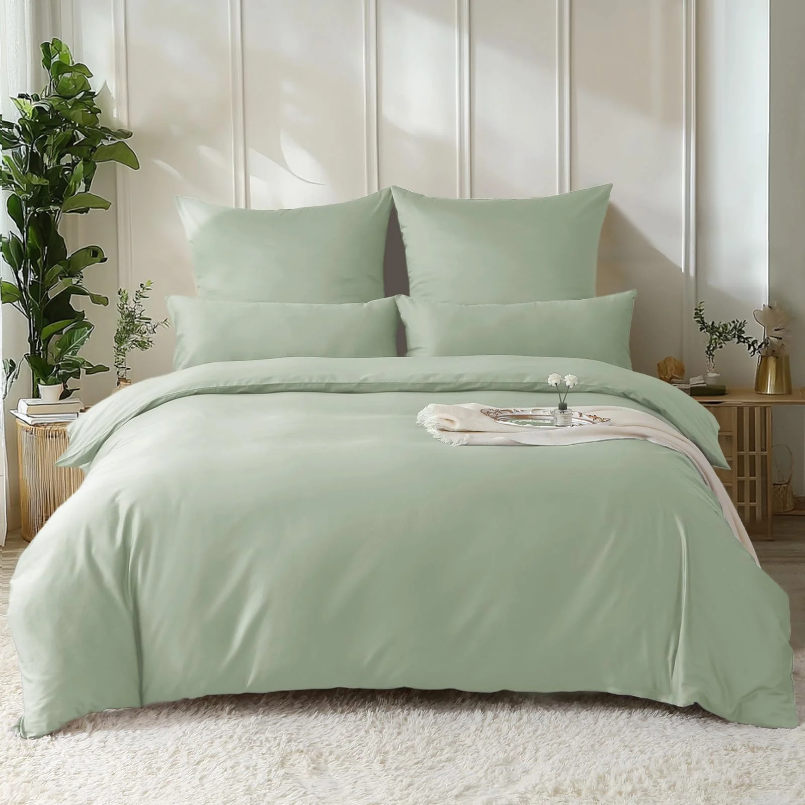SOULFUL Satin Bettwäsche 155x220 Baumwolle Kühlend, Oeko-Tex, Salbeigrün | 100% Langstapelige Baumwolle Seidig Kühlend Bettwäsche-Set mit Reißverschluss, 1 Bettbezug 155x220 & 1 Kissenbezug 80x80