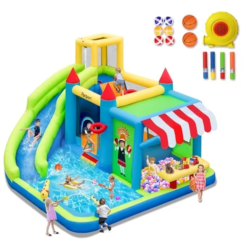 FBSPORT hüpfburg Outdoor mit gebläse hüpfburgen Kinder aufblasbare hüpfburg draußen XXL Outdoor für Erwachsene groß hüpfburg mit rutsche geeignet für Kinder 424 ×388 ×238 cm