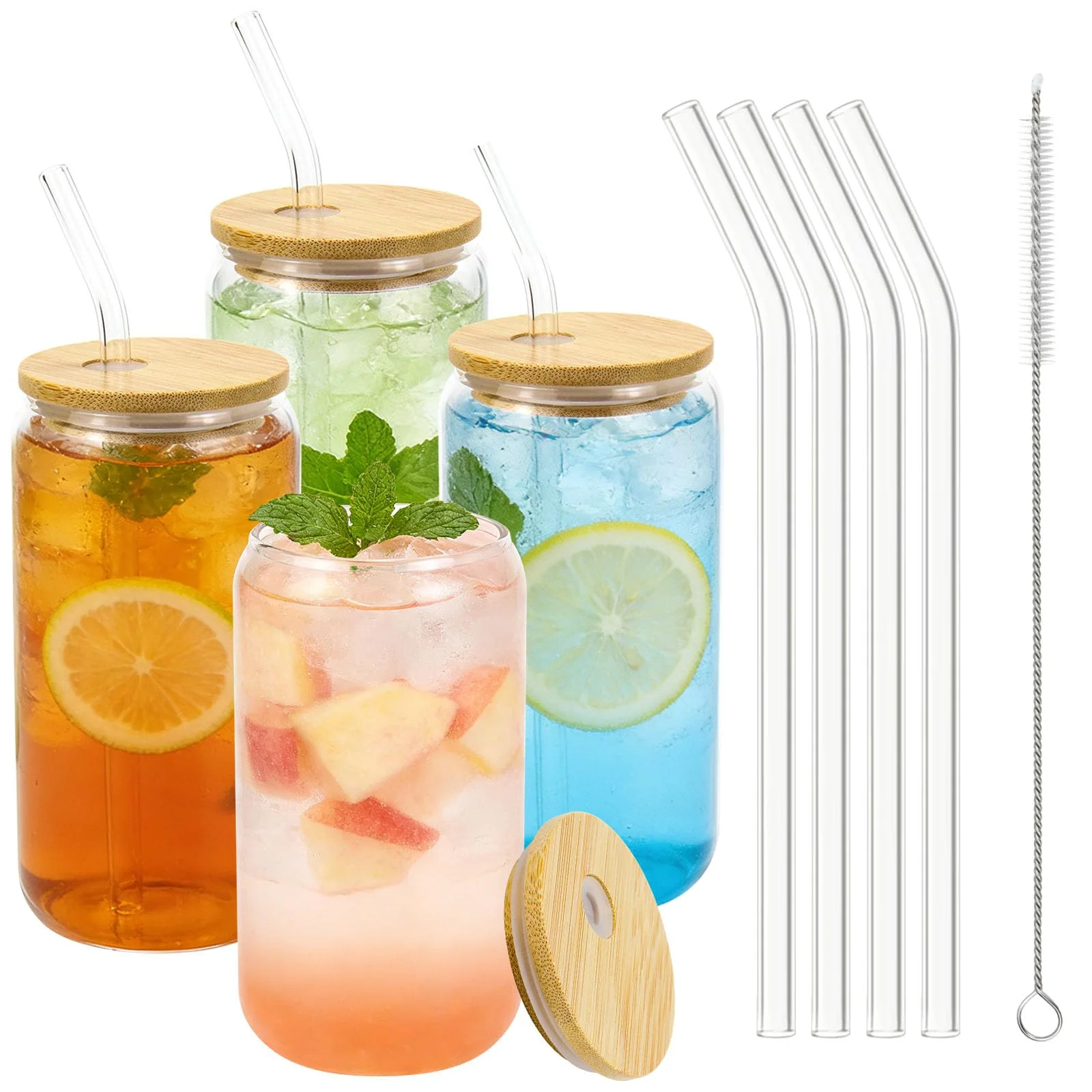 Mjuthy 4er Set Glas mit Deckel und Strohhalm, 500 ml Matcha & Eiskaffee Gläser mit Deckel, für Latte Macchiato, Cocktails, Eiskaffee, Smoothie, Whiskey, Saft, Bier,Bubble Tea und mehr