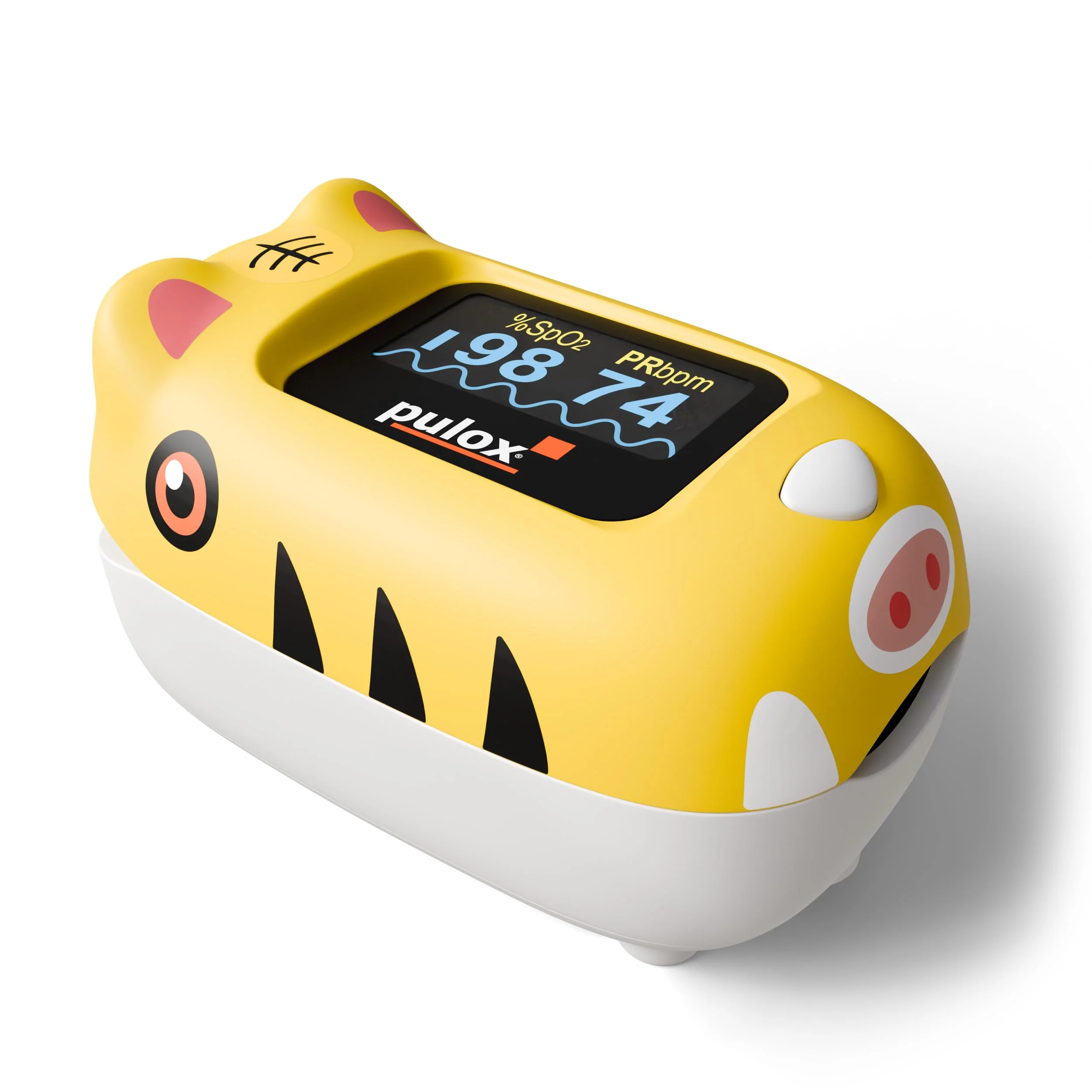 Pulox PO-230 Kinder Pulsoximeter Gelb zur Messung von SpO2 und Puls | Misst Sauerstoffsättigung und Puls in wenigen Sekunden, inklusive Sticker zum individuellen Bekleben und Gestalten