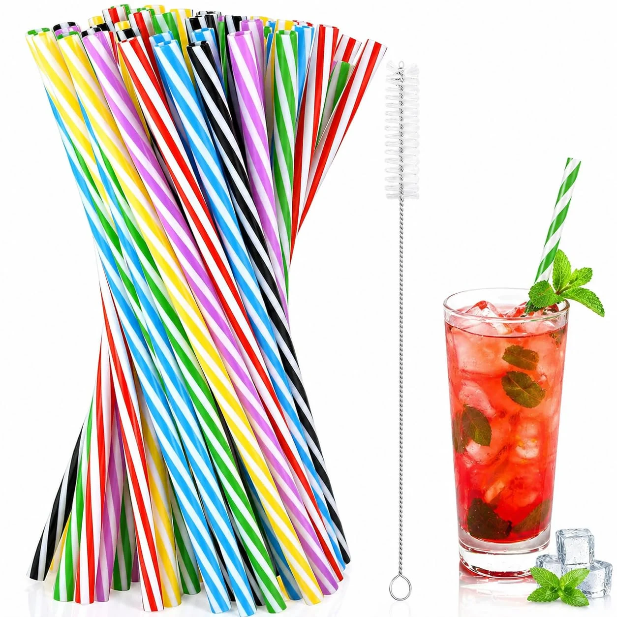 60 Stück Wiederverwendbare Strohhalme,Verdickte Strohhalme Plastik 6 Farben | Premium PP-Qualität Trinkhalme Plastik mit Strohhalmbürste für Smoothies, Saft, Heißgetränk, Cocktail, Ø6.8 x 230 mm