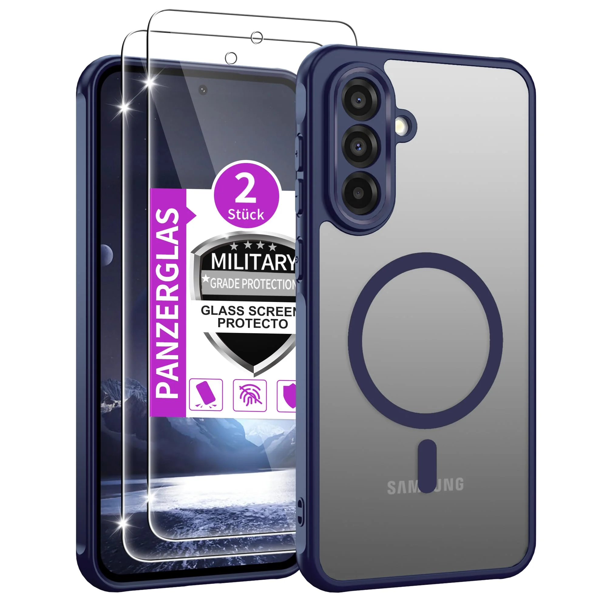 Jshru für Samsung Galaxy A36 5G Hülle: A36 Magnetische Handyhülle mit 2 Stück Panzer Schutz Glas für Magsafe Dünn Matt Hüllen Militär Fallsicher Schutzhülle Kratzfest Case für Galaxy A 36- Blau