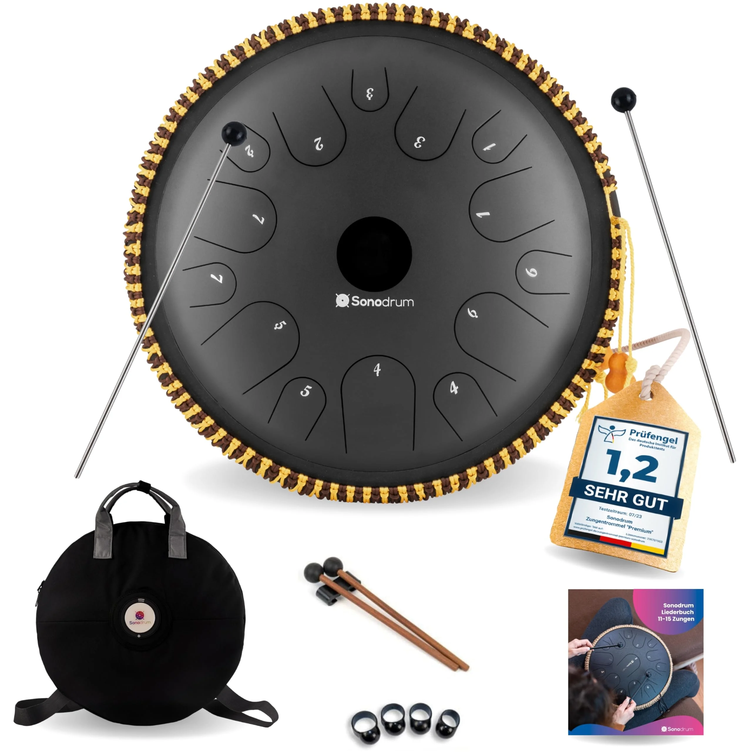 Sonodrum Zungentrommel "Exclusive" C - Dur in Schwarz - 38 cm groß mit 14 Tönen - Steel Tongue Drum inkl. Liederbuch, Schlägel, Fingersticks und Tragetasche. Notenlesen nicht nötig, einfach zu spielen