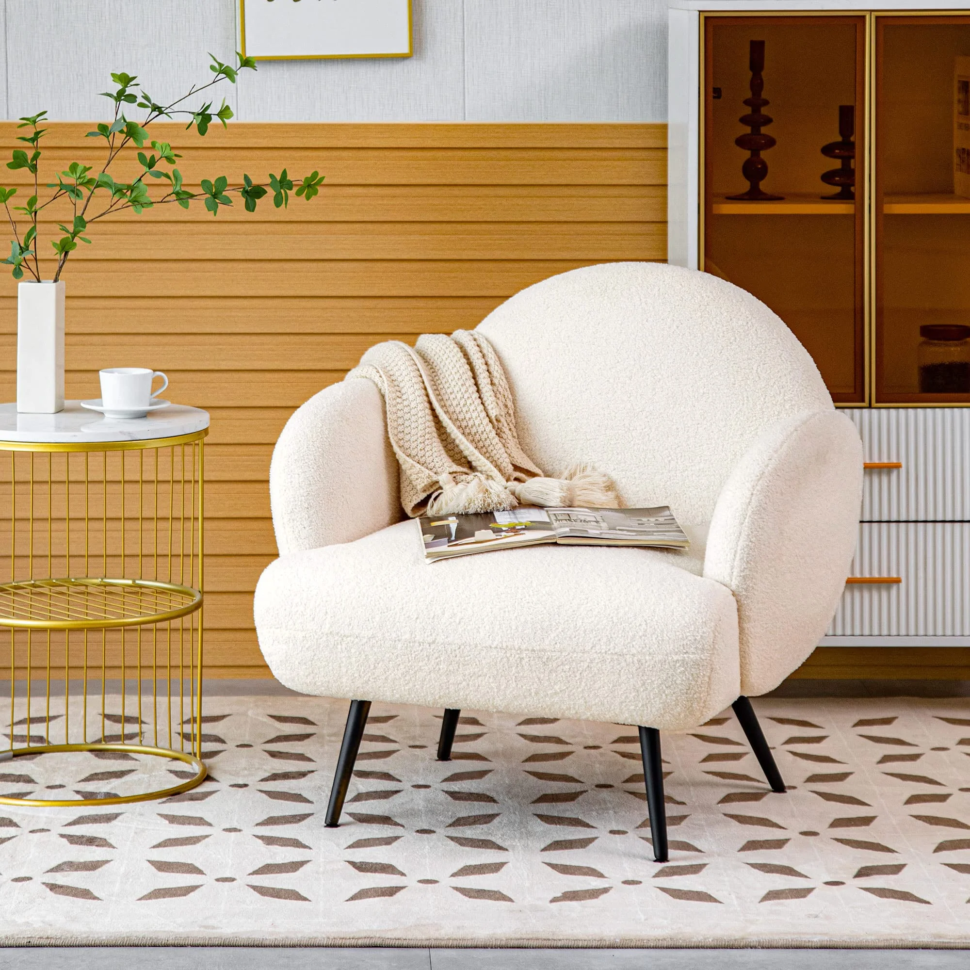 AISALL Sessel Moderner Loungesessel Einzel Loungesofa Lounge Sofa Gemütlicher Teddystoff Schwarze Metallbeine Geeignet für Wohnzimmer Schlafzimmer, Weiß