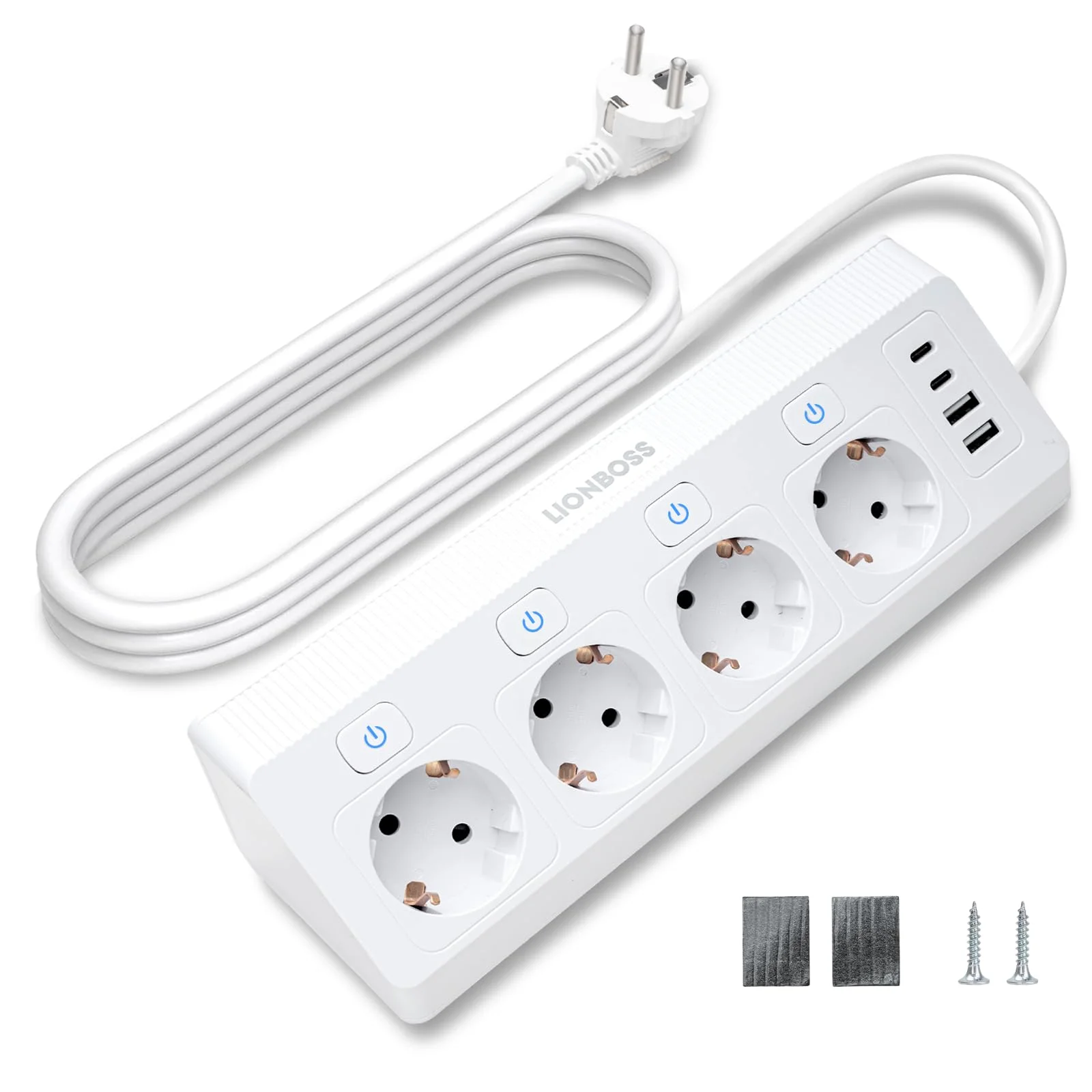 Ecksteckdose Tischsteckdose mit USB C Schnelladen, 4 Fach Steckdosenleiste mit Überspannungsschutz & 4 einzeln schaltbaren Steckdosen, Kindersicherung, 8-in-1 Mehrfachsteckdose mit 2m Kabel Büro Weiß