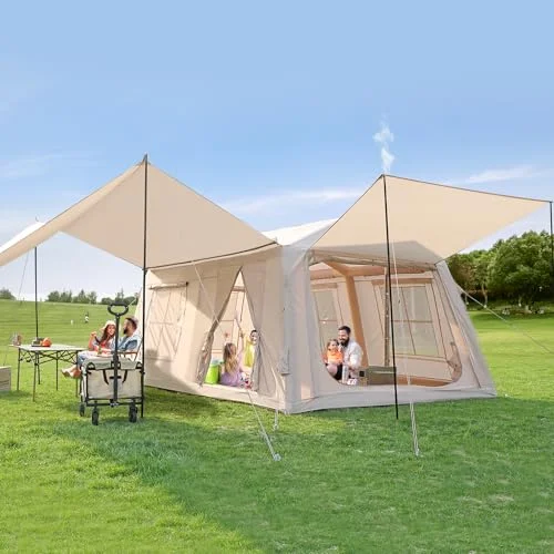 MOPHOTO Aufblasbares Zelt Camping, Wasserdicht Oxford, Pumpe, 4-12 Personen | UPF 50+ Beschichtung,Aufbau in 5 Minuten, 5/6 große Netzfenster, integrierte Ofenrohröffnung