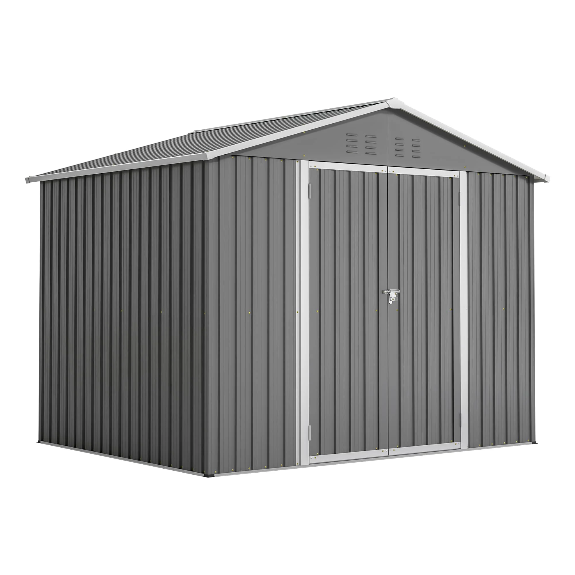 Gartenhaus Metall 229x180x191 cm, 7,9 m³ Gerätehaus mit Fundament & Satteldach, Wetterfester Gartenschuppen für Fahrrad & Gartengeräte, Grau