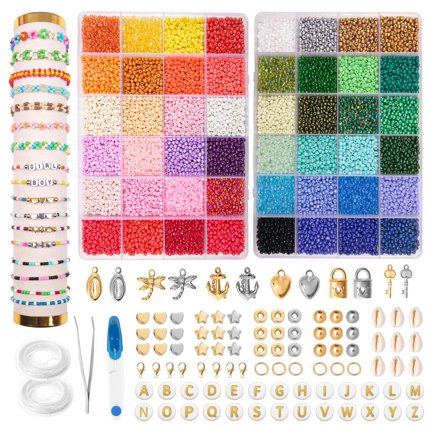 OIOYCLG 3mm16200 Stück DIY Perlen für Armbänder Perlen Set, 48 Farbe mit Buchstabenperlen und Anhänger Glasperlen zum Auffädeln, Geschenkidee für Weihnachten Feiertage Geburtstage Belohnungen