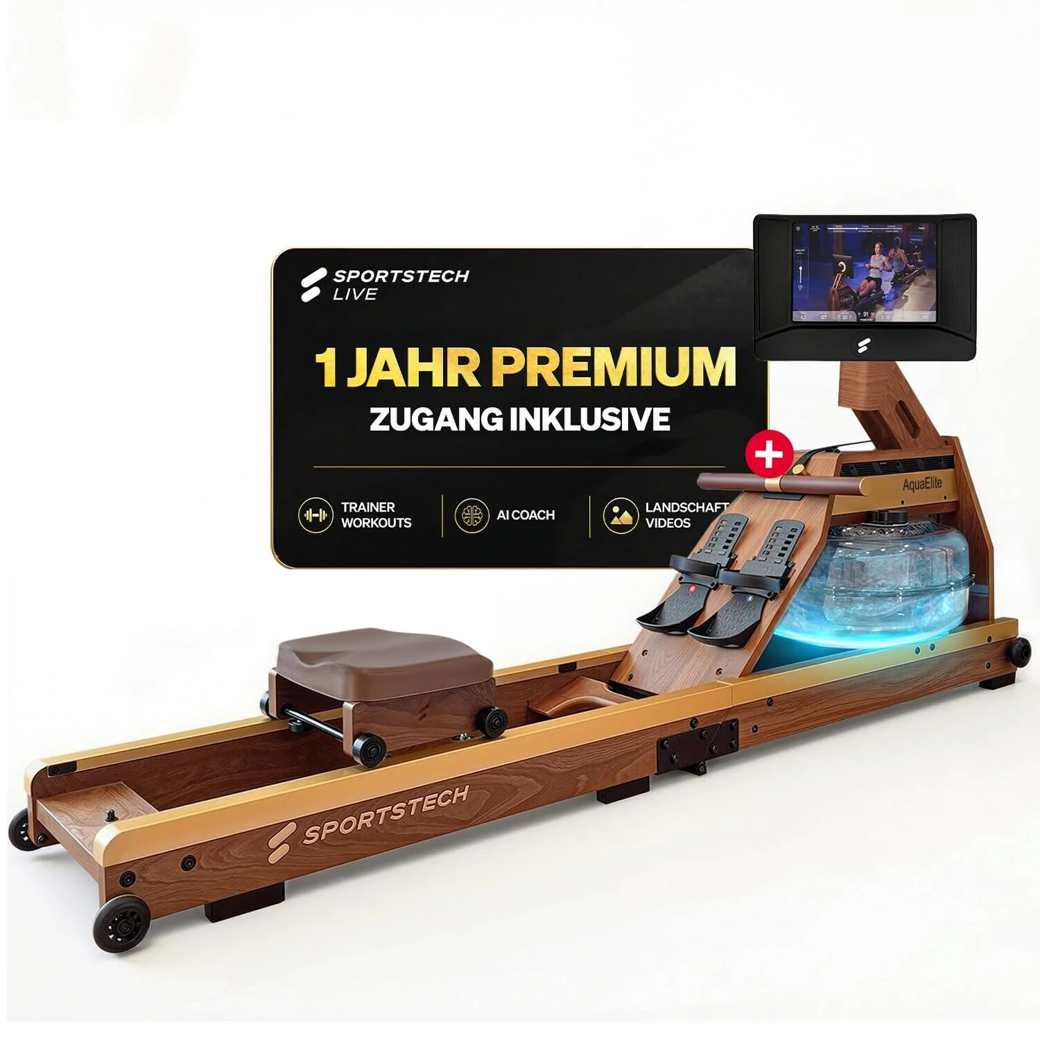 Sportstech AquaElite, Wasser Rudergerät für zu Hause, authentisches Rudererlebnis, Cardio Ganzkörpertraining, Massivholz, klappbar, 10,1" oder 21,5" Display, inkl.12 Monate App Premium-Mitgliedschaft