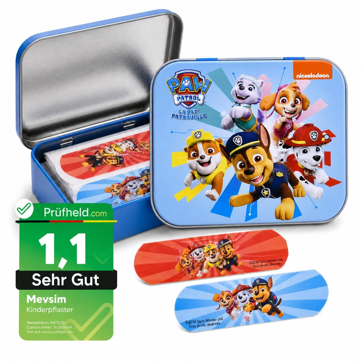 [ Test SEHR GUT, Note 1.1 *] Paw Patrol Kinderpflaster Lizensiertes Produkt - Metall-Box - 24 Pflaster - Schönes Design Pflaster Aufbewahrungsbox für Kinder - Geeignet für Rucksack - Handtasche