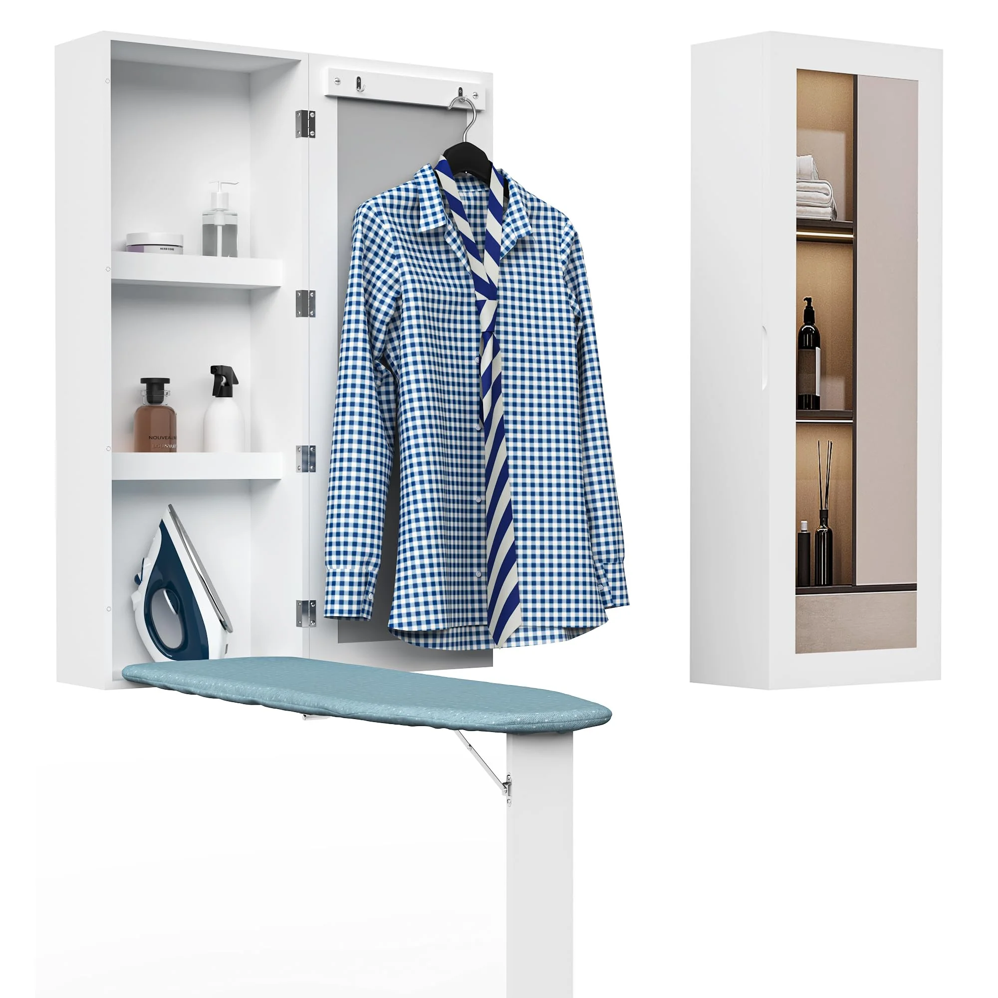 Organizedlife Bügelbrett, Wandmontage Bügelbrett Schrank, Wandbügelbrett klappbar mit Vorderer Ankleidespiegel, Kompaktes mit Faltbares Stützbein, Platzsparend, Multifunktional, Weiß
