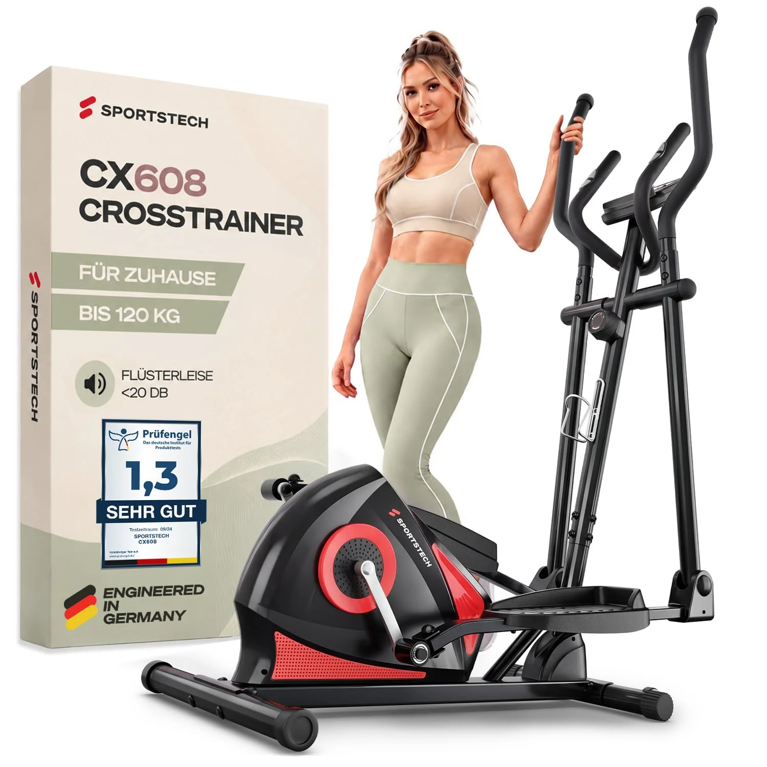 Sportstech CX608 Crosstrainer für Zuhause, leiser Ellipsentrainer mit 8 Widerstandsstufen, 10 kg Schwungrad, LCD Display, Pulssensor bis 120 kg, Fitnessgeräte für Zuhause