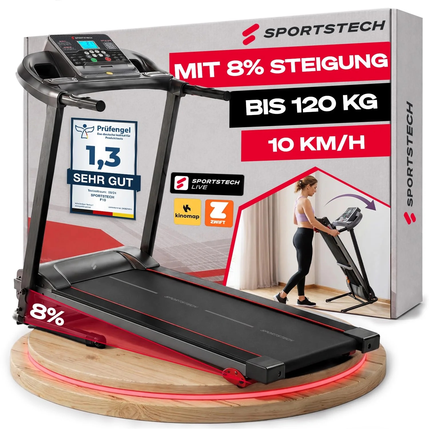 Sportstech F10 Laufband für Zuhause klappbar, bis 10 km/h, Deutsche Qualitätsmarke, 150 kg belastbar, 3 Steigungsstufen, Handpulssensoren, App-Funktion, Tabletholder, LED's, leise, kompakt