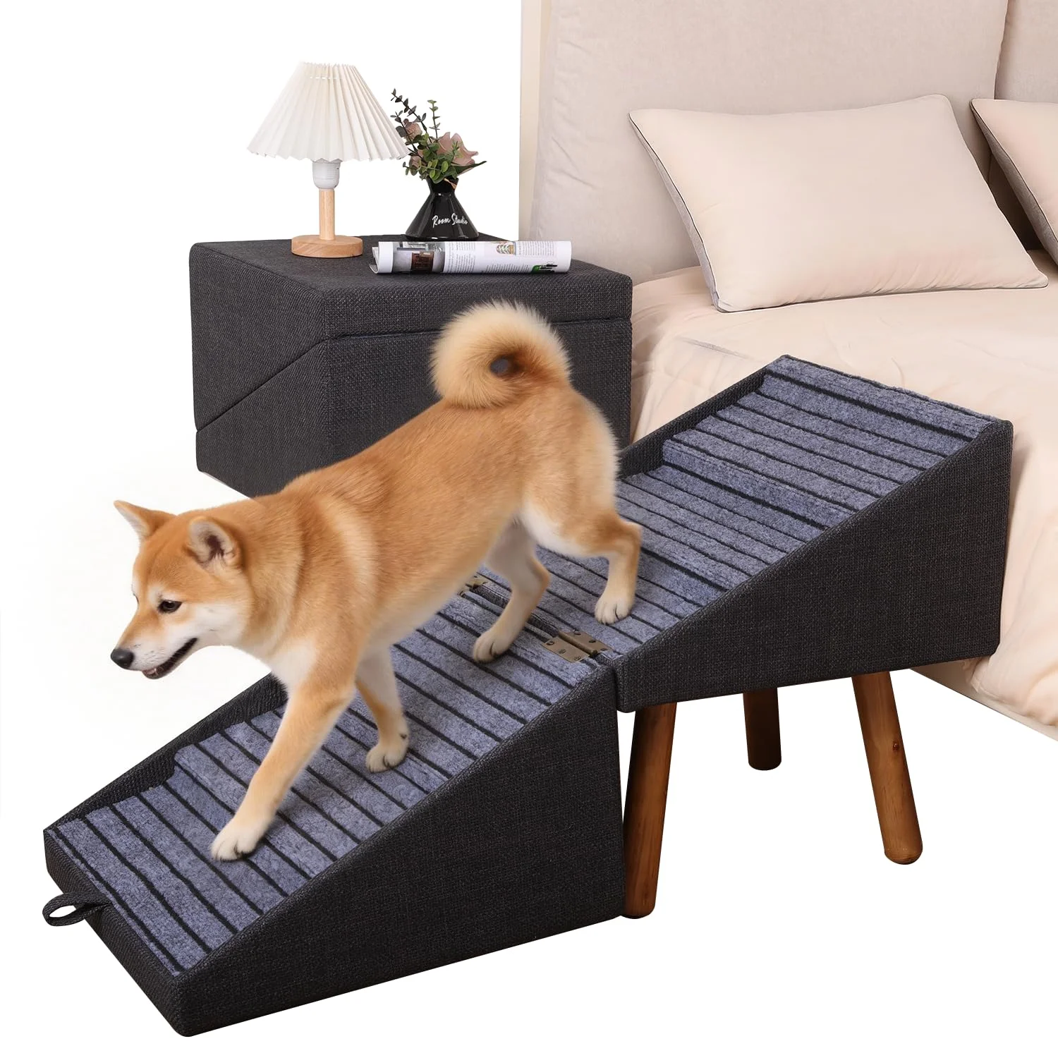Hundetreppe für kleine Hunde, 2-in-1-Trittleiter und Ottomane – zusammenklappbare Hundetreppe für das Sofa, rutschfeste Holztreppe für Welpen, ältere und verletzte Hunde (schwarz-53,5 cm hoch)