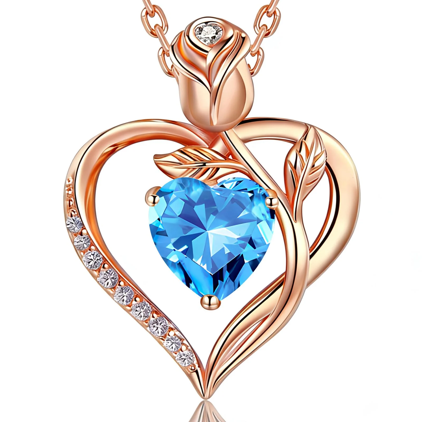 JACUPO Damen Geburtsstein Halskette 925er Silber, Herzrose Anhänger. | Verstellbare Kette mit I LOVE YOU, funkelnder Moissanit Schmuck, elegantes Geschenk für Geburtstag, Valentinstag , Jahrestag.