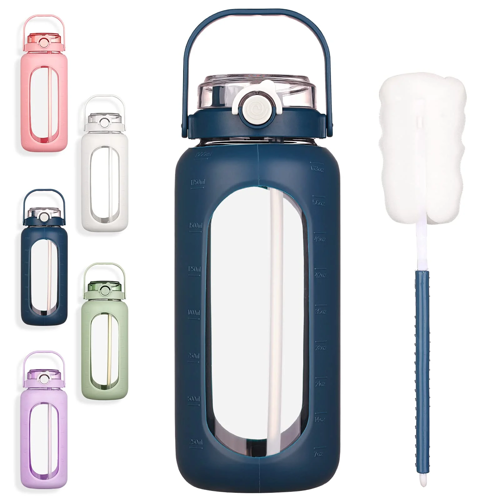 BLUEGO 2000ml Trinkflasche Glas mit Strohhalm und Zeitmarkierung Halbe Gallone Große motivierende Wasserflasche mit Silikonhülle 2 Liter großer Glaswasserkrug für Sport Training, Dunkelblau