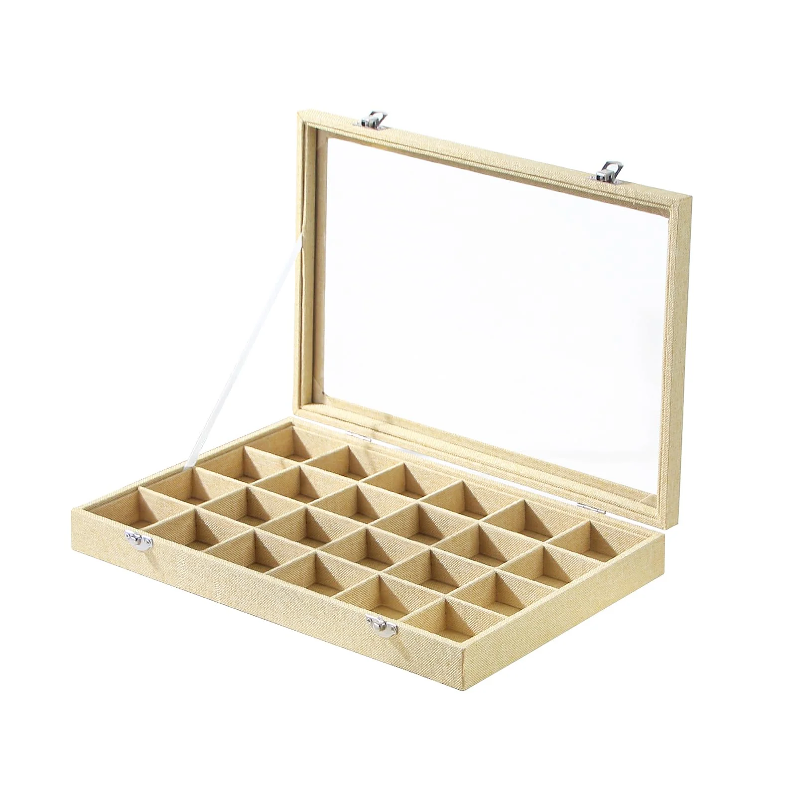 Coward Schmuck-Organizer-Box, gelbes Leinen, 24 Fächer, für Ringe, Ohrringe, Schmucktablett mit transparentem Glasdeckel für Zuhause, Schublade oder Ladenverkauf