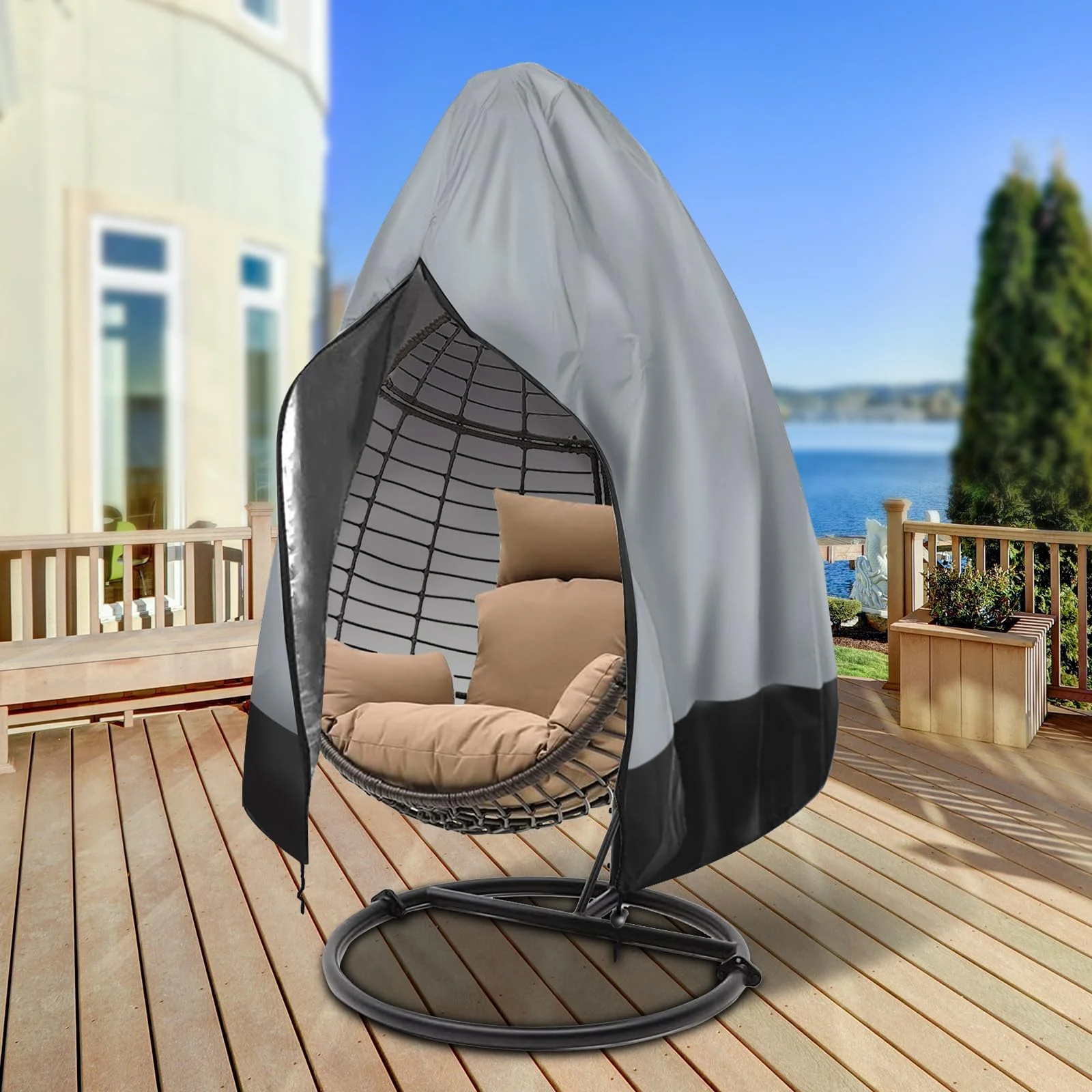 Hängesessel-Abdeckung mit Reißverschluss – Robuste Schutzhülle für Gartenmöbel. UV-beständig, wasser- und winddicht. Ideal für Terrasse, Balkon und Garten. 190cmx114cm/75inx45in-Grau