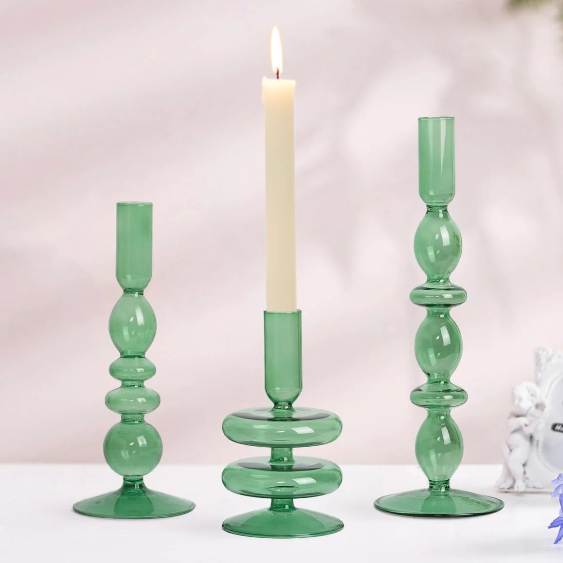 Glasseam Grün Kerzenhalter Stabkerze: 3er Set Stabkerzenhalter Glas | Chic Kerzenständer Glas, Tischdeko, Für Hochzeit, Weihnachten, Wohnzimmer, Esstisch, Zimmer