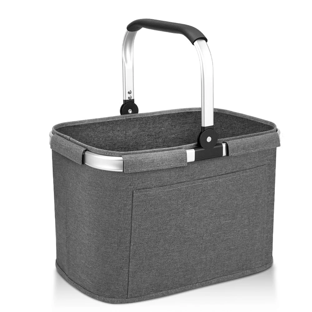 30L Einkaufskorb Faltbar Stabil Groß Tragekorb Picknickkorb Klappkorb Einkaufstasche mit Aluminiumgriff Große Einkaufskörbe(40x28x27cm) mit Stützstangen Für Reisen, Picknick, Einkaufen