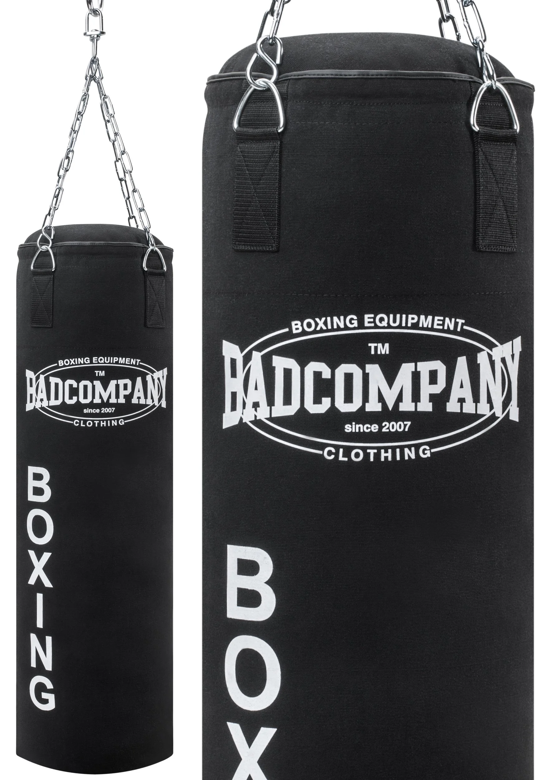 Bad Company Boxsack inkl. Heavy Duty Stahlkette I Canvas Punching Bag, gefüllt/ungefüllt I 80 x 30 cm I 100 x 30 cm I 120 x 30 cm
