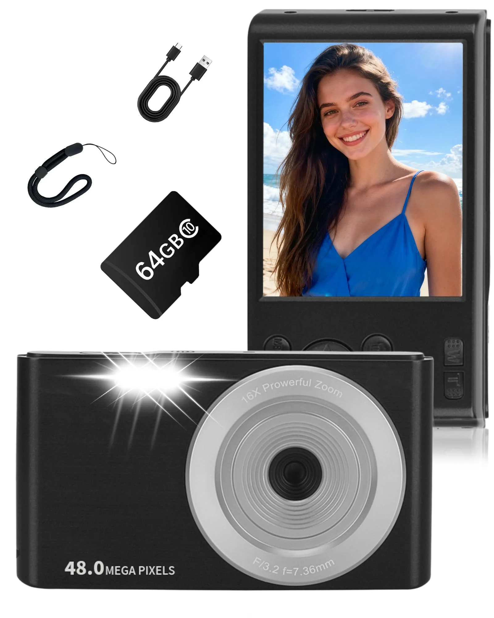 Digitalkamera 4K 48MP Vlogging Kamera für Kinder Jugendliche, FHD Kompaktkamera Fotokamera mit 2,8" Bildschirm 16X Zoom, Geschenke für Anfänger Studenten Jungen Mädchen