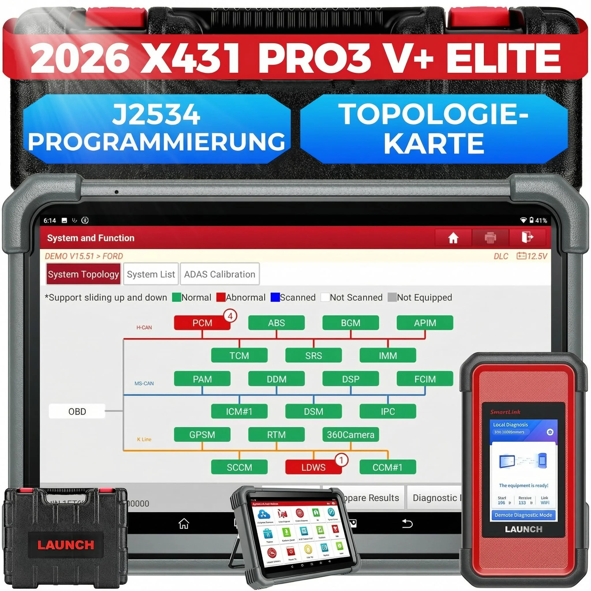 LAUNCH X431 PRO3 V+ Elite, Smartlink C OBD2 Diagnosegerät Auto mit J2534 | HD-LKW-Scan, Vollsystem Bidirektionaler Scanner, 60+ Service, Online Codierung, CANFD/DOIP/D-PDU, FCA, 2 Jahre Update
