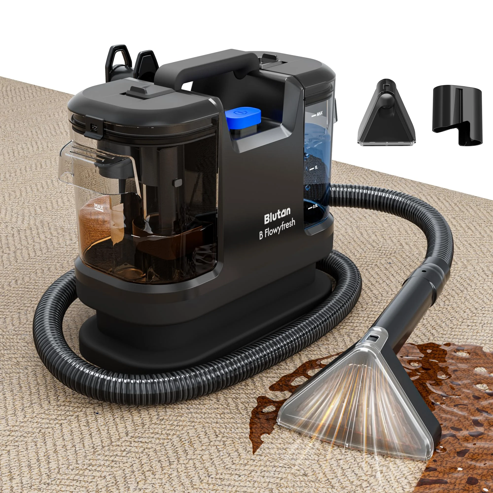 Blutan B Flowyfresh Waschsauger, Polsterreiniger-Gerät für Sofa,Teppich,Polstermöbel,Fenster,Auto. Nass-Trockensauger,13 kPa, schnelltrocknend, viel Zubehör, 1,8 l + 0,8 l Wassertank, selbstreinigend