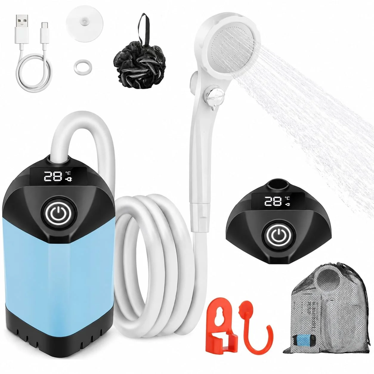 B013 Portable Camping Dusche mit 7800mAh Akku, USB-C, 3-Stufen Duschkopf & leiser Pumpe – Wasserdicht mit LED Temperaturanzeige für Vanlife, Outdoor Reise, Strand & Haustier