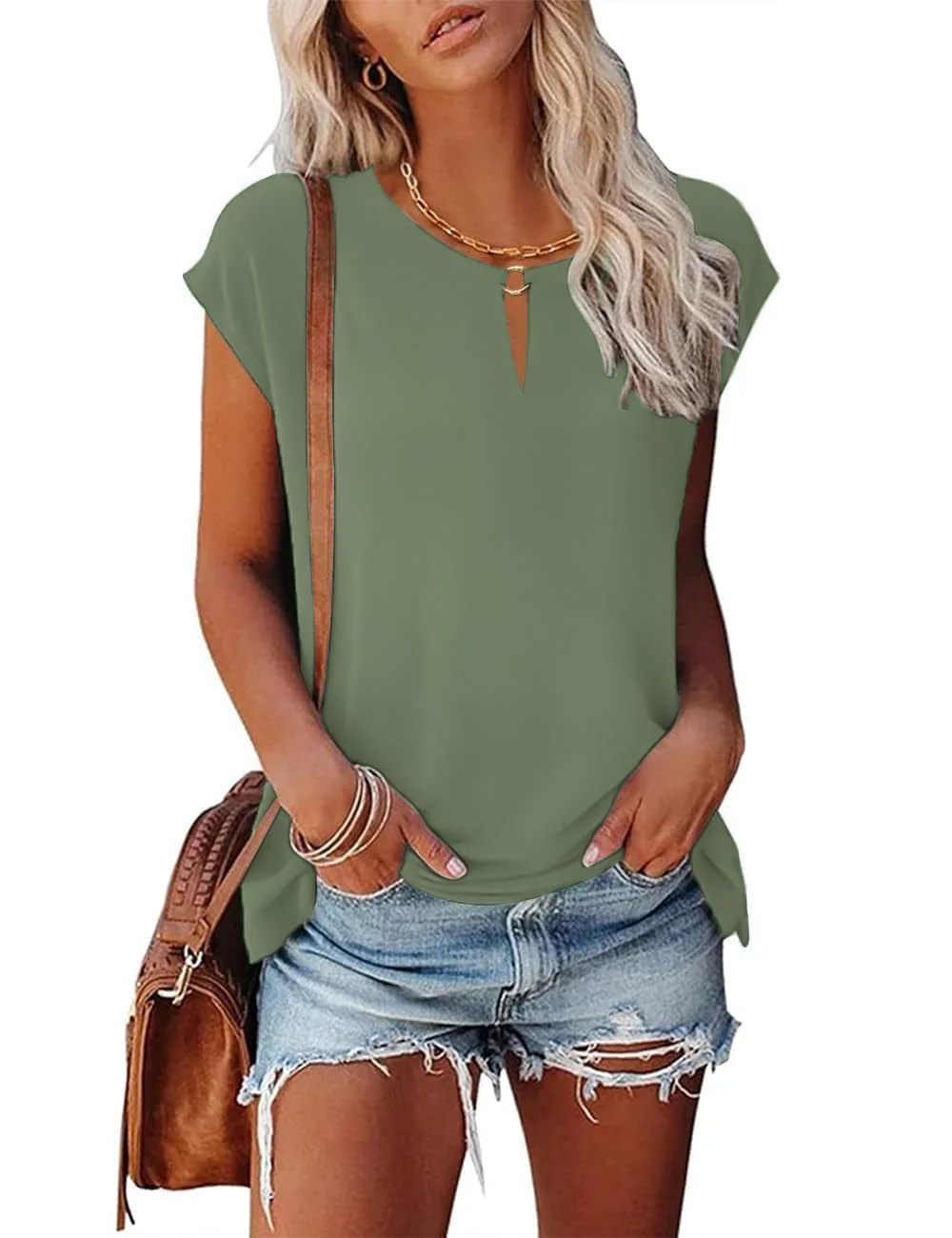 Tanmolo Damen Sommer T-Shirt mit V-Ausschnitt & Flügelärmeln S-XXL | Weich atmungsaktiv, 2-in-1 Kragen mit Ring, Alltag & Freizeit, Regular Fit, Elegant lässig, formstabil, pflegeleicht, Locker