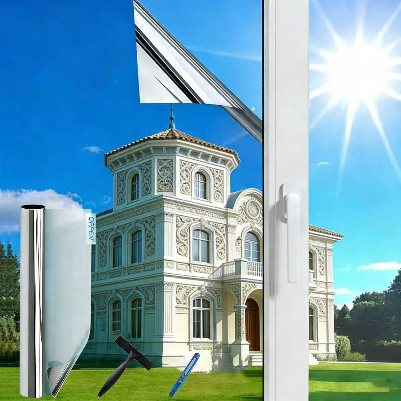 (70X600cm Silber) Fensterfolie Sonnenschutz Hitzeschutz innen oder außen | Rückstandslose Spiegelfolie Fenster Hitzeschutz | Selbstklebend UV Schutzfolie Fenster | Spiegelfolie| Sonnenschutzfolie