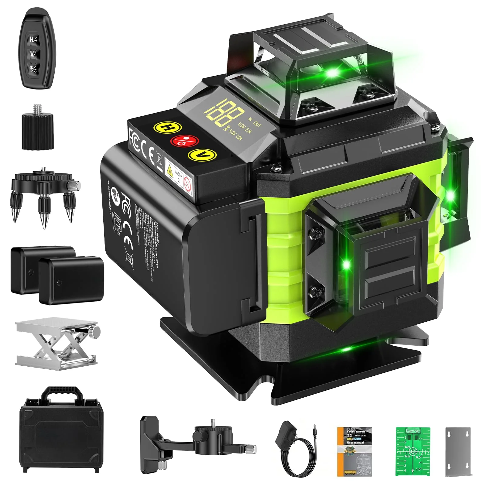 Kreuzlinienlaser Grün 16 Linien Nivellierlaser, 4 x 360 ° Laser wasserwaage, linienlaser kreuzlaser selbstnivellierend für Innenbereich Baustelle, 2 x Batterie Vermessungskabine