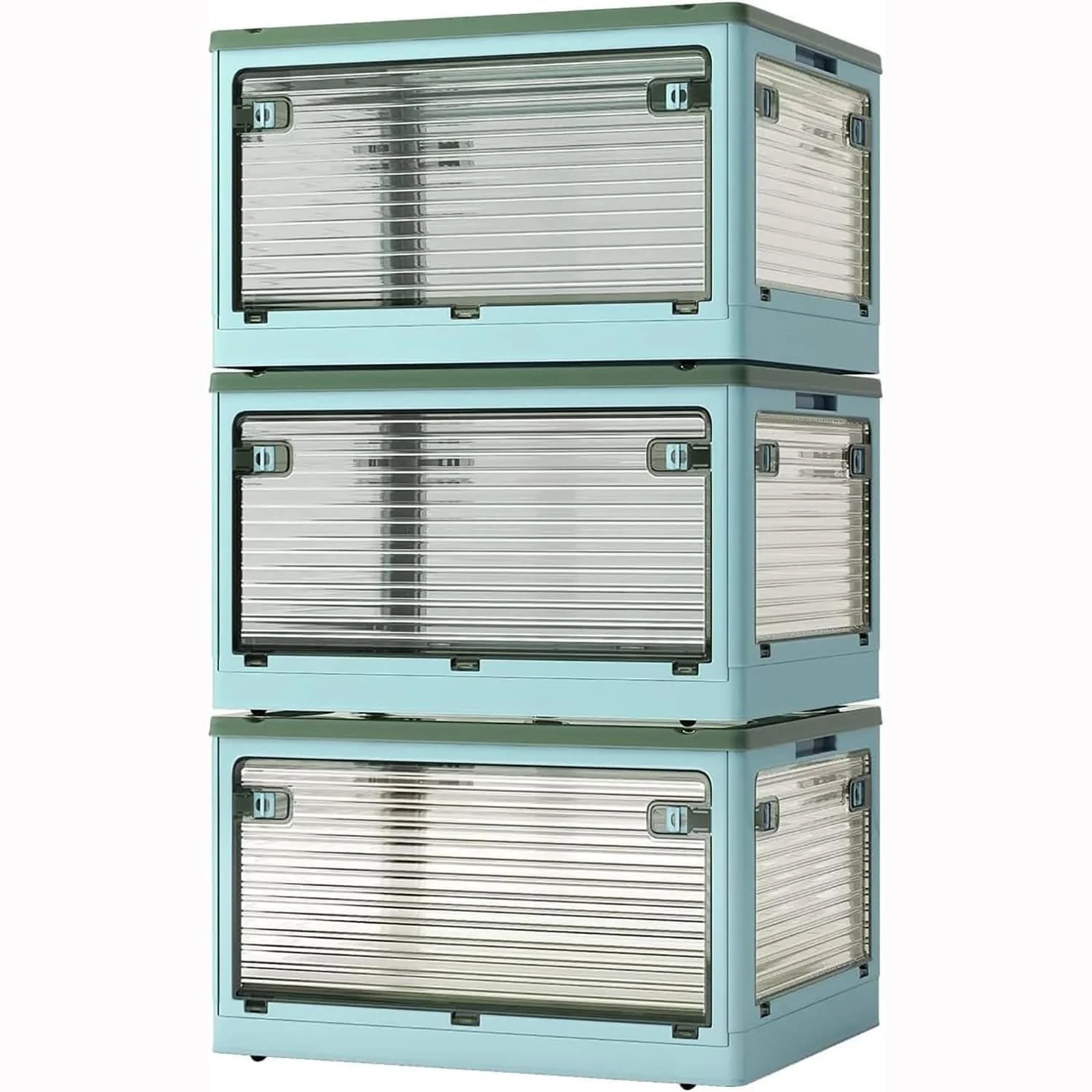 Roqao 3 Pack Aufbewahrungsboxen mit Deckel 84L Kunststoffboxen mit Rollen | Zusammenklappbare Kisten Aufbewahrung Transparent Storage Boxes mit Fünf Türen Stapelkisten Lagerboxen Blau (60×42×100cm)