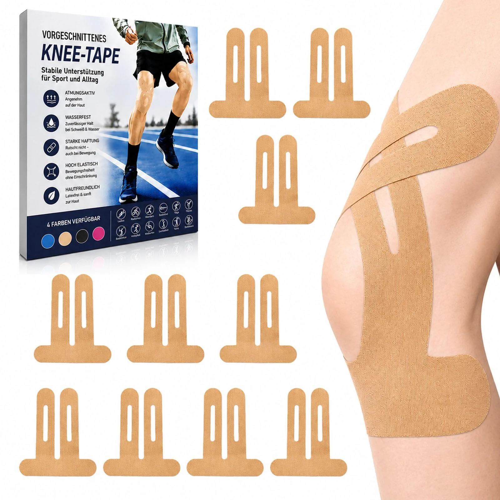 Gorsmoon Kinesiotapes vorgeschnten - Elastsches spon Tape fur schulte, Knie, Hand & Fus, atmungsaktiv, wasserest& hautreundich.Kinesiologle Tape tur Traning (Knie 10Stk-Hautfarben)
