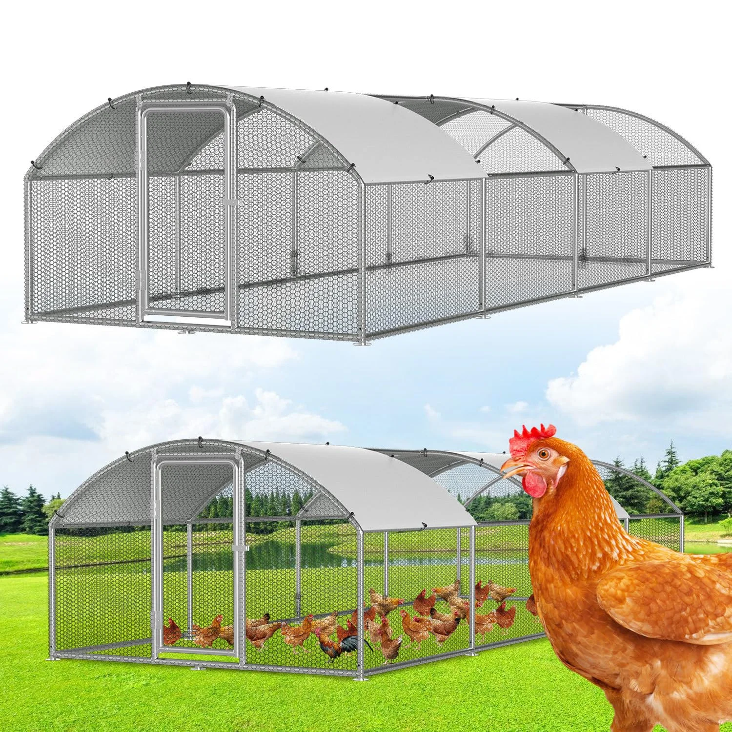 Vkechh Freilaufgehege 3x8x2m – Begehbarer Hühnerstall Bogenaufsatz Metall Freigehege, Hühnerkäfig Kleintierstall Voliere mit Dachplane, Heimtiergehege für Hühner Geflügel Kleintiere