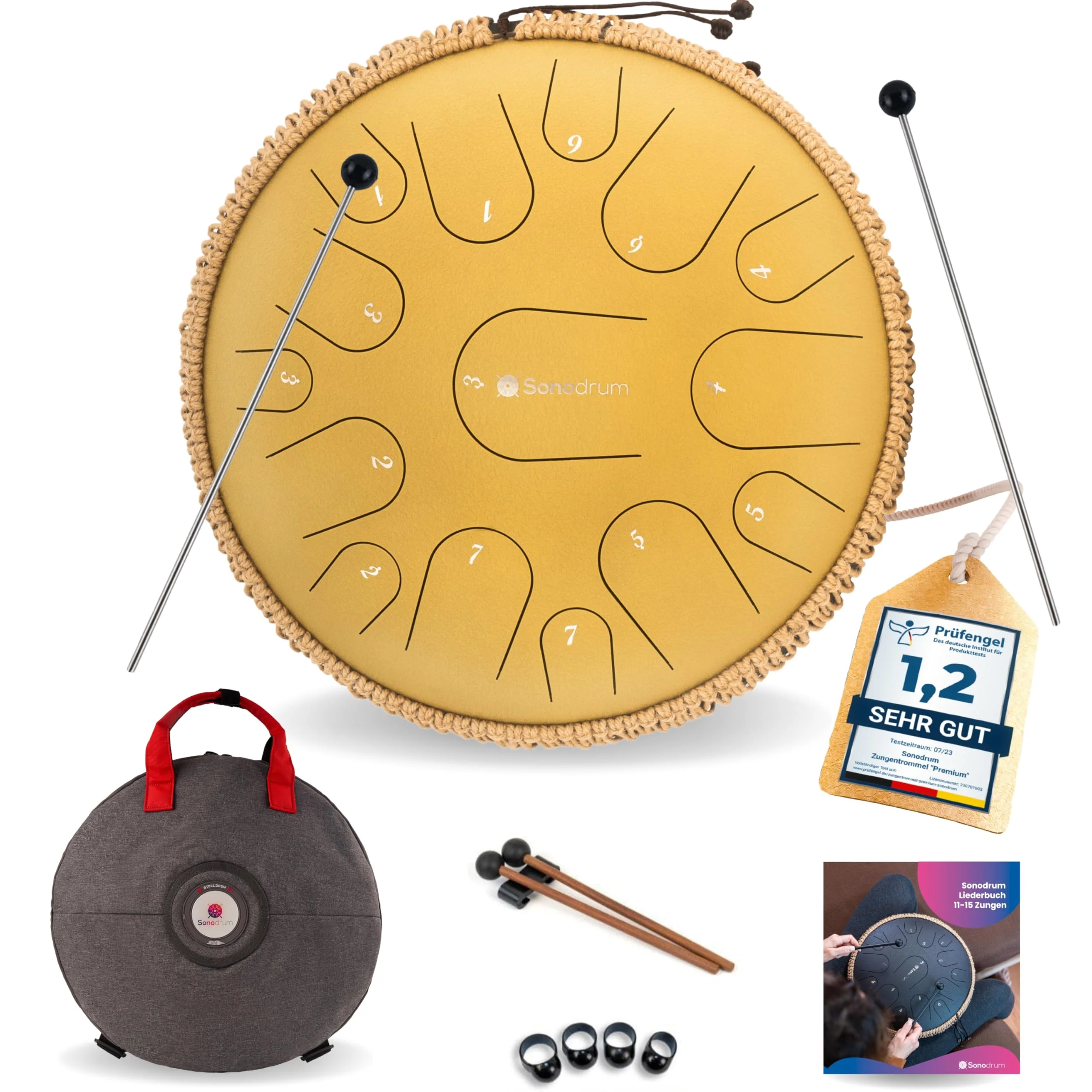 Sonodrum Zungentrommel "Premium" C - Dur in Gold - 35 cm groß mit 15 Tönen - Steel Tongue Drum inkl. Liederbuch, Schlägel, Fingersticks und Tragetasche - Notenlesen nicht nötig, einfach zu spielen.