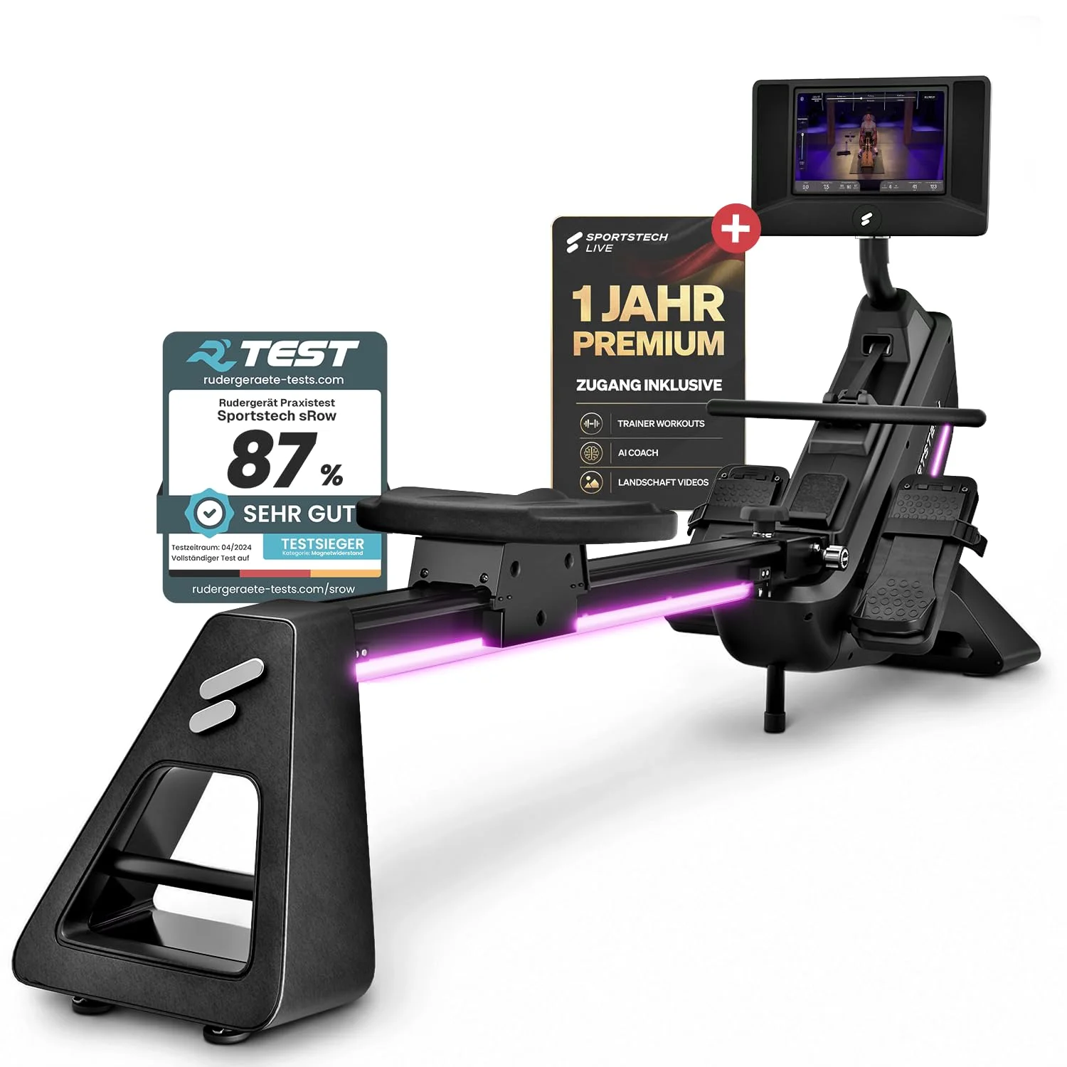 Sportstech Premium Rudergerät für zuhause + 10,1" oder 21.5" Touch Display, Deutsche Qualitätsmarke, inkl.12 Monate App Premium-Mitgliedschaft, klappbar, Rudermaschine mit LED Technologie, sRow