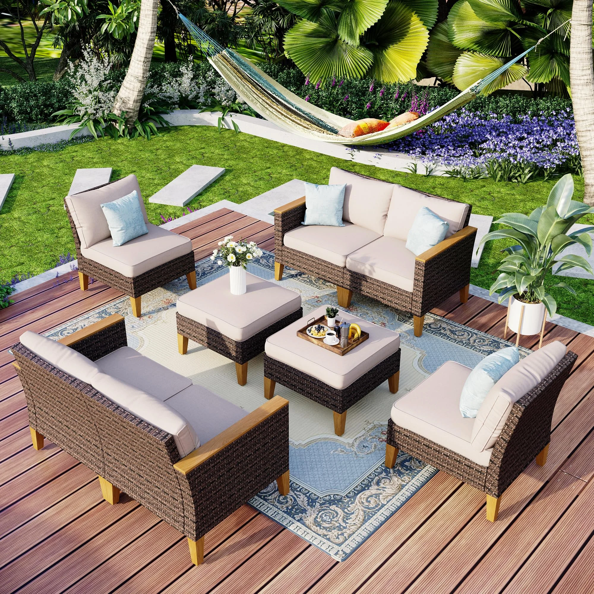 MFSTUDIO Polyrattan Gartenmöbel, Gartenlounge Outdoor, Wetterfest | Aktualisierte Rippen, 20% Dicker als Andere, Cushion PRO Fabric Wasserdicht, Leicht zu Reinigen. Gartenmöbel Wetterfest