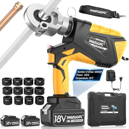SWANSOFT 18V Akku-Presszangen-Set für Rohre mit V/U/TH-Kontur, Hydraulische Elektrische Rohrpresszange mit 12 Matrizen V15-18-22-28 U16-20-25-32 TH16-20-26-32
