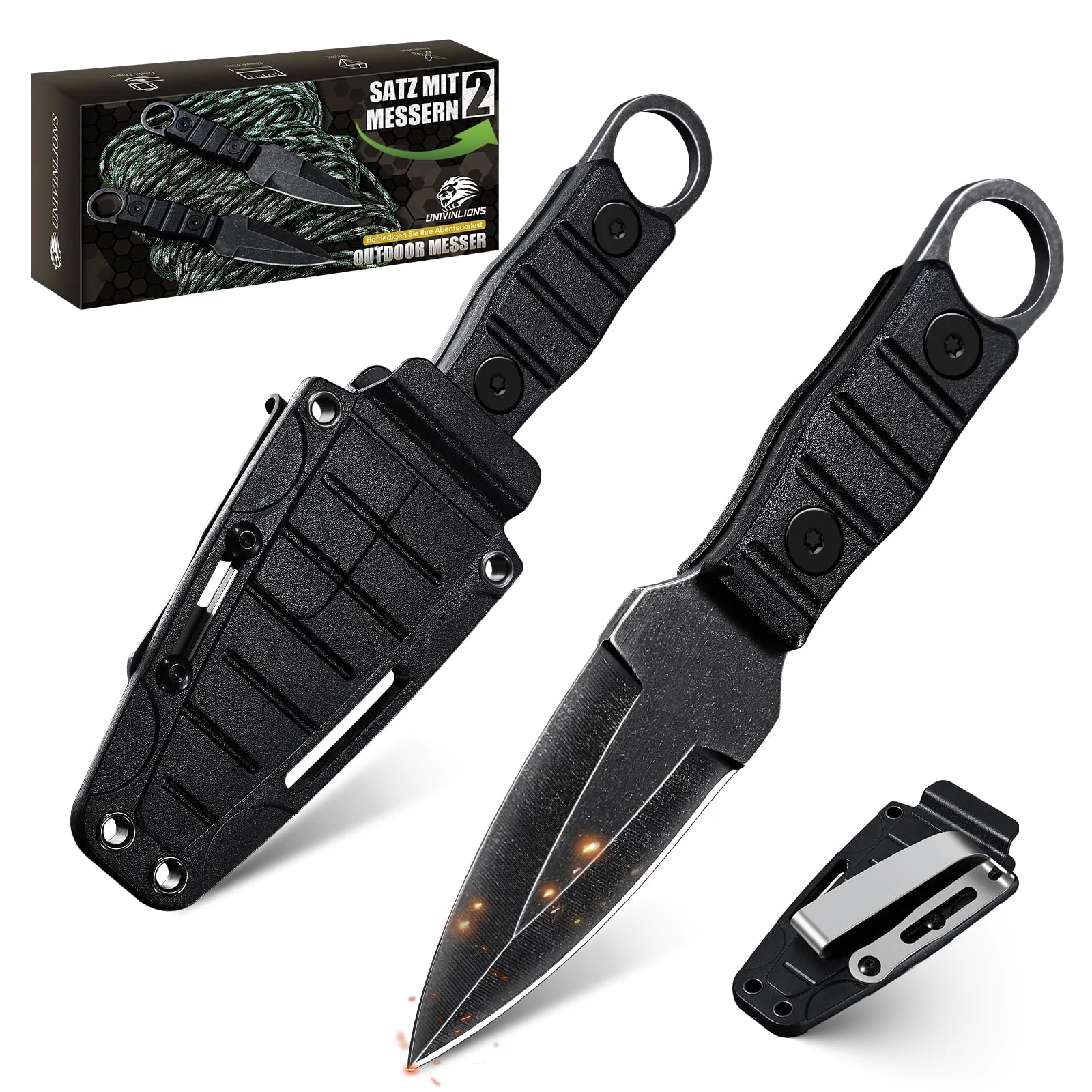 univinlions Klein Zweier-Pack Survival Messer Outdoor Full Tang,Edelstahl | Jagdmesser Feststehende Klinge--Bushcraft Messer mit Kydex Scheide ,Geschenk für Männer