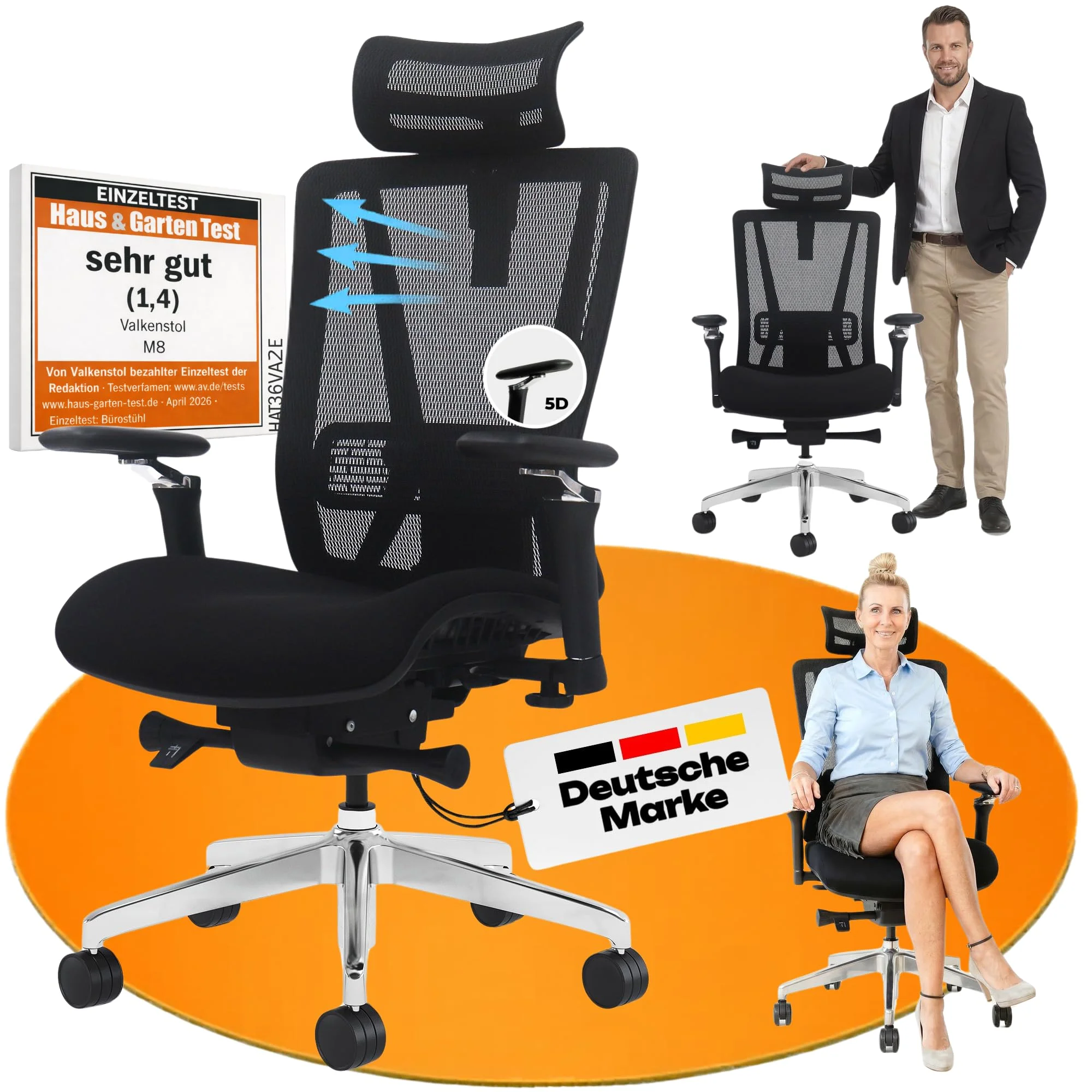 VALKENSTOL M8 Bürostuhl Ergonomisch TESTSIEGER für Grosse Menschen - stabil | Einstellbare Sitztiefe - Lordosenstütze - Verstellbare Rückenlehne - Chefsessel Bürostuhl bis 150 kg für Gesundes Sitzen