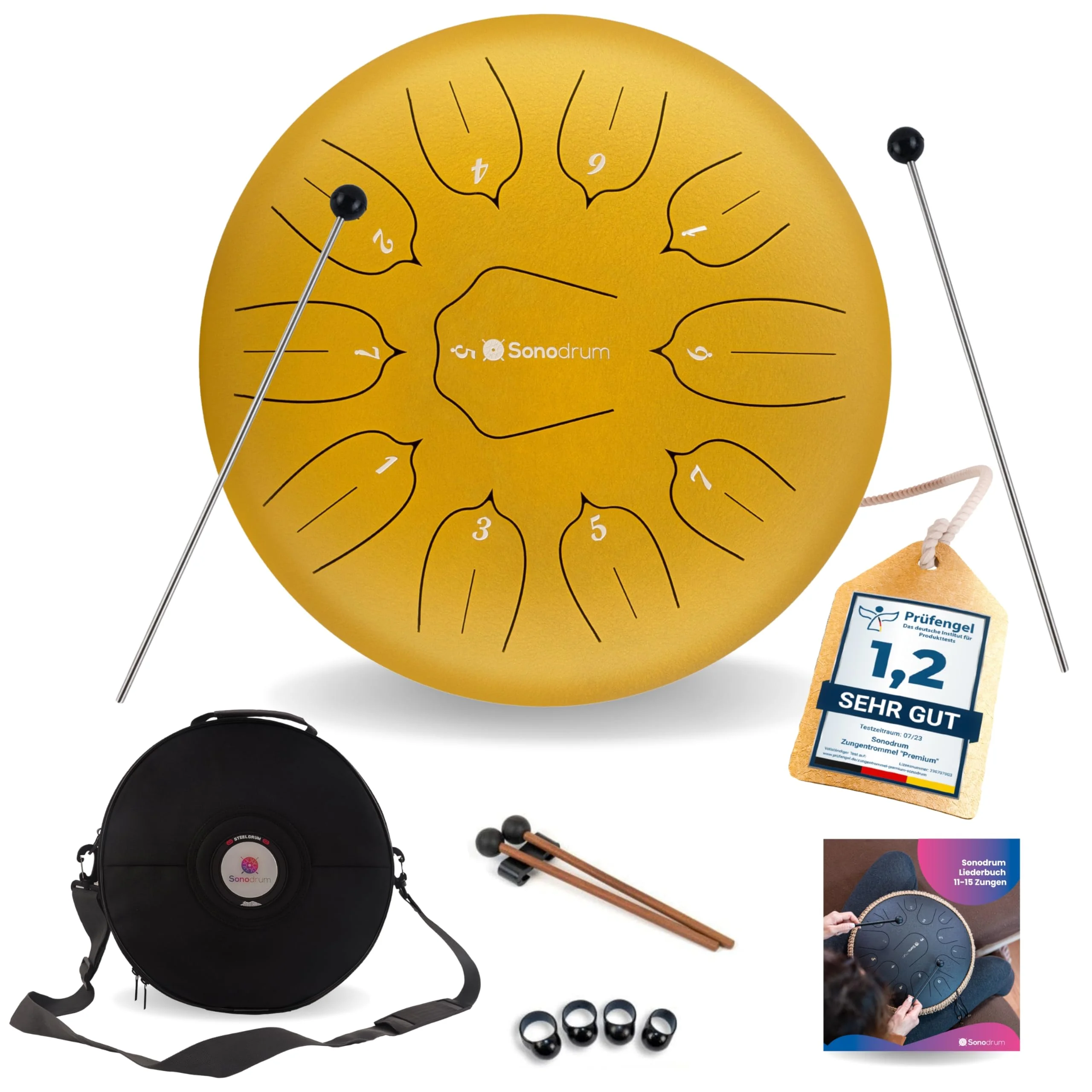 Sonodrum Zungentrommel "Standard" D - Dur in Gold - 30 cm groß mit 11 Tönen - Steel Tongue Drum inkl. Liederbuch, Schlägel, Fingersticks und Tragetasche - Notenlesen nicht nötig, einfach zu spielen.