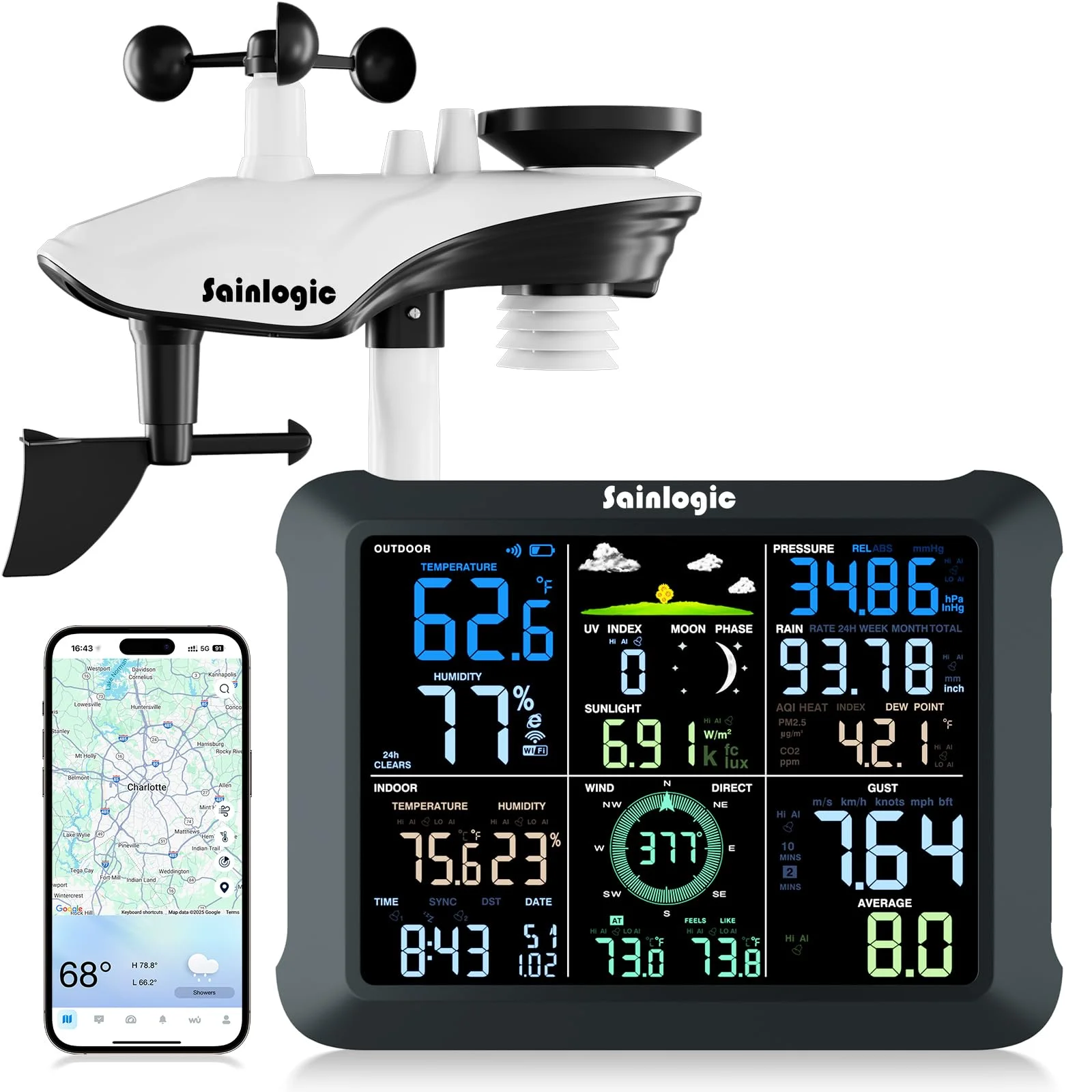 Sainlogic Wetterstation WLAN SA9 mit 24/7 Genauer von Weatherseed® AI, 8,5" Großdisplay, UV, Regenmesser Digital, 14-in-1,Windmesser,2-Jahre Datenspeicherung & Export(Nur 2,4 GHz)