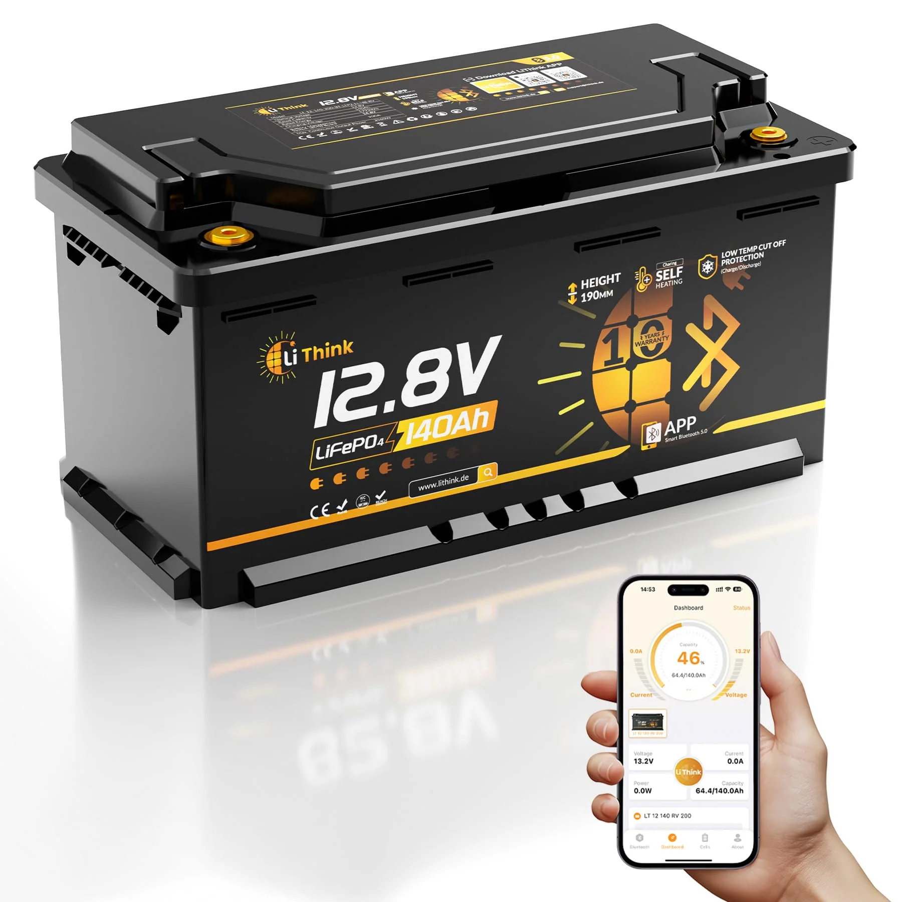 LiFePO4 12V 140Ah H190 Lithium Batterie Bluetooth mit Upgrade 200A BMS | ECE R10 Und CB/IEC 62619, LTP&Heizfunktion DIN H8 L5 Größe, 1792Wh Lithium Batterie Autobatterie für Wohnmobil, Boot