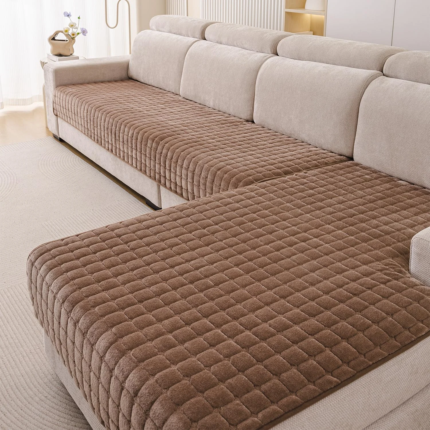 Furnestorica Flanell-Sofabezug, Kaffee, 90x160cm und 90x210cm, 2 Stück | Weicher Premium-Stoff, Rutschfest, 1-4 Sitzer-Couch, Für Sektionssofas, Waschbar L-förmig